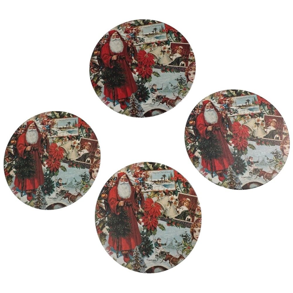 VTG Thomas T. Cathey Christmas Holiday Santa Claus Coasters 3 - 6.75", 1 - 7.75"